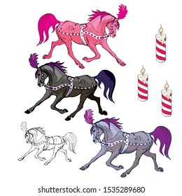 festive set of vector isolated elements for new year and Christmas decoration . Snowmen, snowflakes, painted running elegant horses