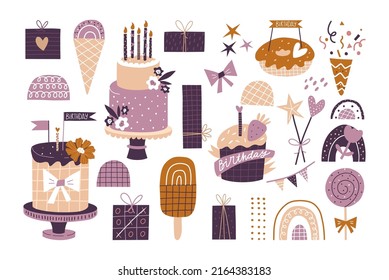 Festive set of vector isolated elements on a white background. Festive decor with cakes, cupcakes, ice cream, gift boxes and more. Vector illustration in vintage style