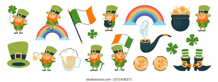 A festive set of vectors for St. Patrick's Day featuring an adorable leprechaun holding a clover and a pot of gold, a rainbow. It is ideal for decorating stickers.