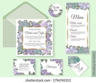 Festive set for wedding invitations. Succulents of different colors, eucalyptus, green leaves, gold frame. Postcard with invitation, rsvp, thank you, round card, label, menu.