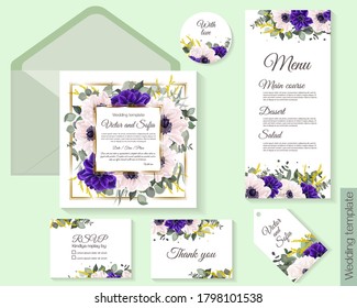 Festive set for wedding invitations. White and blue anemones, green plants and leaves, eucalyptus, gold frame. Postcard with invitation, rsvp, thank you, round card, label, menu.