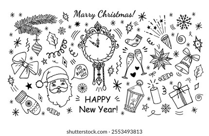 A festive set of winter doodle drawings. Christmas and New Year symbols. Santa Claus, a gift, glasses, watches, snowflakes, a branch of a fir tree and toys. Happy Christmas and New Year inscription