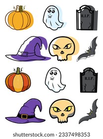 Festive set with witch hats and black bats, tombstones, skulls, ghosts. The illustration was created for decoration, printing, packaging, interior details, wallpapers
