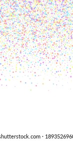 Festive shapely confetti. Celebration stars. Colorful stars dense on white background. Grand festive overlay template. Vertical vector background.