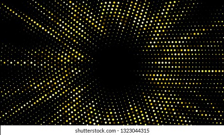 Festive shiny gold background. Halftone gradient pattern vector illustration. Explosion, salute. Glowing yellow dotted, yellow disco lights halftone texture. Pop Art comic Background. Dots background