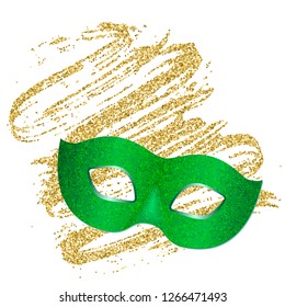 Festive shiny green mask with glitter texture on a golden abstract background. Vector Design with carnival symbol 