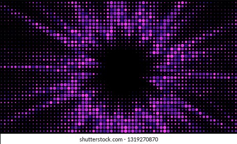 Festive shiny neon background. Halftone gradient pattern vector illustration. Explosion, salute. Blue pink dotted, purple halftone texture. Pop Art style purple pink comics Background. Dots background