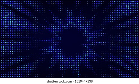 Festive shiny neon background. Halftone gradient pattern vector illustration. Explosion, salute. Glowing blue dotted, blue disco lights halftone texture. Pop Art comic Background. Dots background