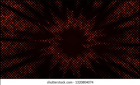 Festive shiny neon background. Halftone gradient pattern vector illustration. Explosion, salute. Glowing red dotted, dark red disco lights halftone texture. Pop Art comic Background. Dots background