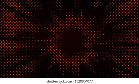 Festive shiny neon background. Halftone gradient pattern vector illustration. Explosion, salute. Glowing red dotted, dark red disco lights halftone texture. Pop Art comic Background. Dots background