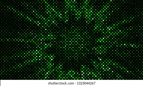 Festive shiny neon background. Halftone gradient pattern vector illustration. Explosion, salute. Glowing green dotted, green disco lights halftone texture. Pop Art comic Background. Dots background