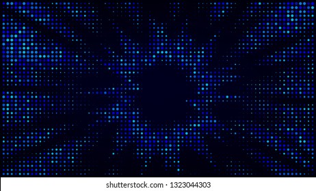 Festive shiny neon background. Halftone gradient pattern vector illustration. Explosion, salute. Glowing blue dotted, blue disco lights halftone texture. Pop Art comic Background. Dots background