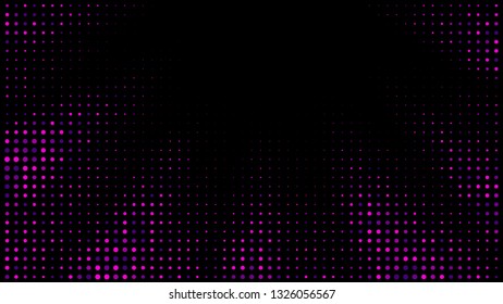 Festive shiny neon background. Halftone gradient pattern vector illustration. Explosion, salute. Pink dotted, purple dark halftone texture. Pop Art style purple pink comics Background. Dots background