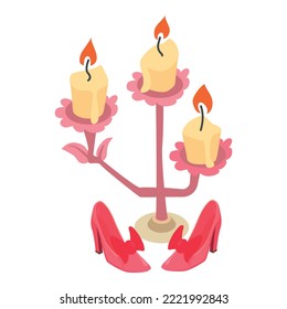Festive shoes icon isometric vector. Shoes with bow and candle in candlestick. Women accessory, fashion