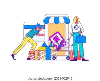 Festive Shopping E-Commerce Online Shopping People Flat Vector Concept Operation Hand Drawn Illustration
