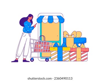 Compras festivas Comercio electrónico Compras en línea personas Vector plano Operación de diseño de mano Ilustración dibujada
