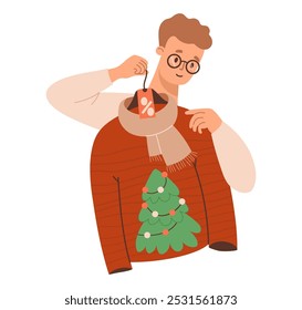 Festive Shopping. Man with glasses trying on winter clothes, scarf and ugly Christmas sweater with tree on sale. New Year male shopper character. Vector illustration in flat style