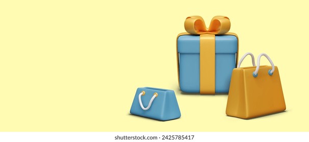 Festive shopping. Promotional offer for holiday. Gift box, bags with handles
