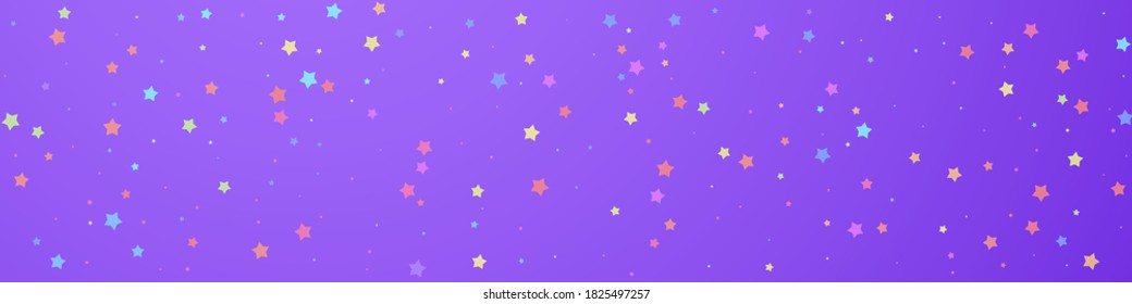 Confeti festivo. Estrellas de celebración. Estrellas coloridas al azar sobre fondo violeta. Admirable plantilla de superposición festiva. Fondo vector panorámico.