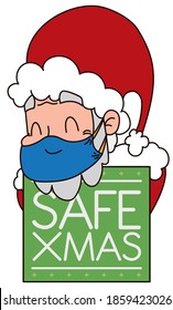 Festive sign with awareness message and Santa Claus with half-mask, promoting safety during Xmas.