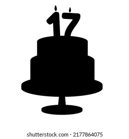 Festive silhouette cake with a seventeenth birthday candle. Vector illustration
