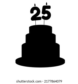 Festive silhouette cake with a twenty-five year old candle in a flat style. Vector illustration