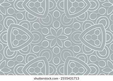 Festive silver background, cover design, banner. Geometric silver elegant 3D pattern, embossing. Minimalistic ornaments, arabesques, mandala of the East, Asia, India, Mexico, Aztec, Peru. Ethnic print
