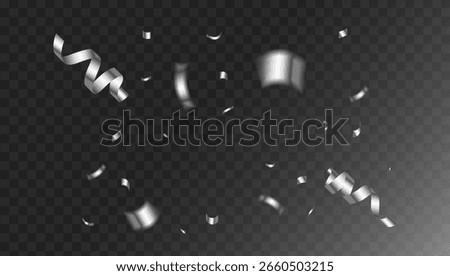 Festive silver confetti streamer and shiny tinsel particles falling in a celebration burst on a transparent background.	vector eps 10