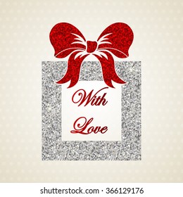 Festive silver gift box with red bow. Glitter pattern, shiny background. Can be used as pattern fills, icon, banner, ads, t-shirt print, greeting card, poster, holiday decor, and more. Vector