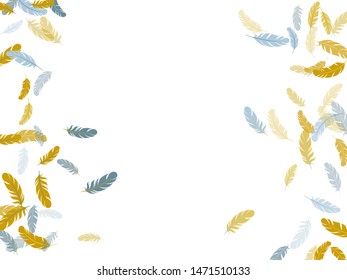 Festive silver gold feathers vector background. Flying feather elements airy vector design. Plumage fluff dreams symbols. Easy plumelet ethnic indian graphics.