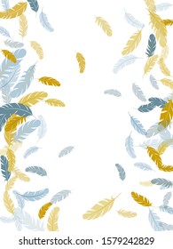 Festive silver gold feathers vector background. Plumage glamour fashion shower decor. Smooth plumelet tribal ornate graphics. Detailed majestic feather on white design.