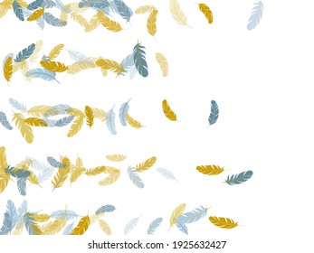 Festive silver gold feathers vector background. Detailed majestic feather on white design. Plumage fluff dreams symbols. Decoration confetti of carnival plumelet.