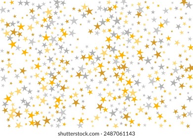 Fondo de dispersión aleatorio de estrellas de plata y oro festivas. Pequeñas lentejuelas Starburst partículas de decoración Noel. Ilustración aleatoria de estrellas aisladas. Decoración de póster de confeti brillante.