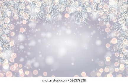 Festive silver luminous background. Holiday banner with bokeh and lights. Christmas template for party, design, decor. Vector illustration.