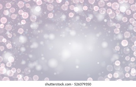 Festive silver luminous background. Holiday banner with bokeh and lights. Christmas template for party, design, decor. Vector illustration.