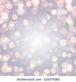 Festive silver luminous background. Holiday banner with bokeh and lights. Christmas template for party, design, decor. Vector illustration.