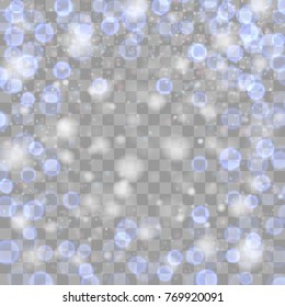 Festive silver luminous transparent background. Holiday banner with snow, blue bokeh and lights. Christmas template for party, design, decor. Vector illustration.
