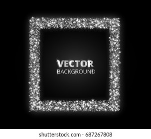 Festive silver sparkle background. Glitter border, rectangle frame. Vector dust, diamonds, snow on black. Great for christmas and birthday cards, party posters, valentine and wedding invitations.