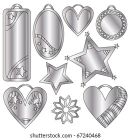 Festive silver vector tags, hearts and stars