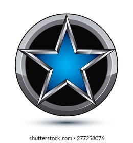 Festive silvery rounded geometric symbol, stylized pentagonal blue, best for use in web and graphic design. Polished silver vector icon isolated on white background, eps8. 