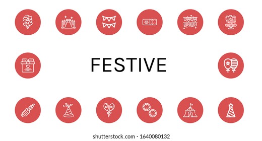 festive simple icons set. Contains such icons as Balloons, Red carpet, Garlands, Cracker, Fountain, Spark, Party hat, Balloon, Circus tent, can be used for web, mobile and logo