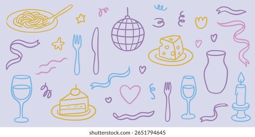 Festive sketch set: pasta, wine, candle, cake, cheese, ribbon, disco ball. Brightly colored outline elements for parties and menus.