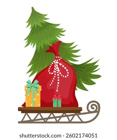 Festive sleigh with a Christmas tree and gift bags. Cute holiday illustration isolated on white background.
