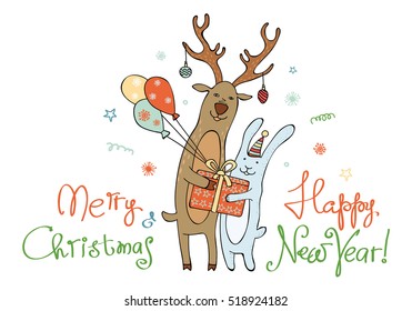 Festive, smiling deer and Rabbit holding a gift and balloons. In the horns of a deer Christmas decorations, bunny in party cap. Text - Merry Christmas and Happy New Year! Color vector, isolated.