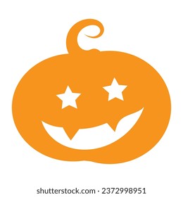 Festive smiling pumpkin flat icon. Holiday festive badge sticker. Decorative smiling pumpkin element for scrap booking, greeting card, party invitation. Color vector isolated on white background