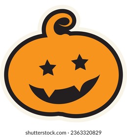 Festive smiling pumpkin stroked sticker. Holiday festive badge emblem. Decorative smiling pumpkin element for scrap booking, greeting card, party invitation. Color vector isolated on white background
