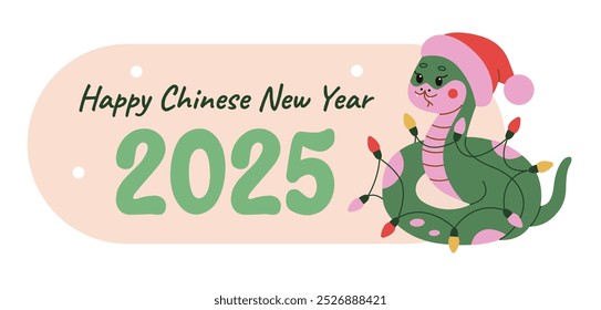 Festive snake with Christmas lights and Santa hat celebrating Chinese New Year 2025 in flat style. Fun and playful design for New Year greetings.