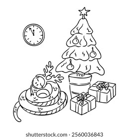 Festive snake with reindeer antlers laying near decorated Christmas tree with gifts and clock showing midnight. Vector hand drawn drawing isolated on white background for coloring pages