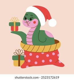 Festive snake wearing a Santa hat, sitting in a holiday gift sack, holding presents. Cheerful flat style illustration perfect for Christmas and New Year cards, designs, and decorations.