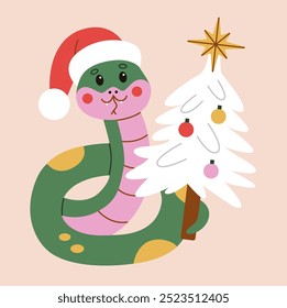 Festive snake wearing a Santa hat and holding a decorated Christmas tree. Flat style illustration perfect for holiday designs, greeting cards, and seasonal decorations.